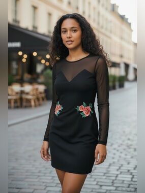 Material Girl Black Long Sleeve Mesh Floral Embroidered Mini
Dress Size L
